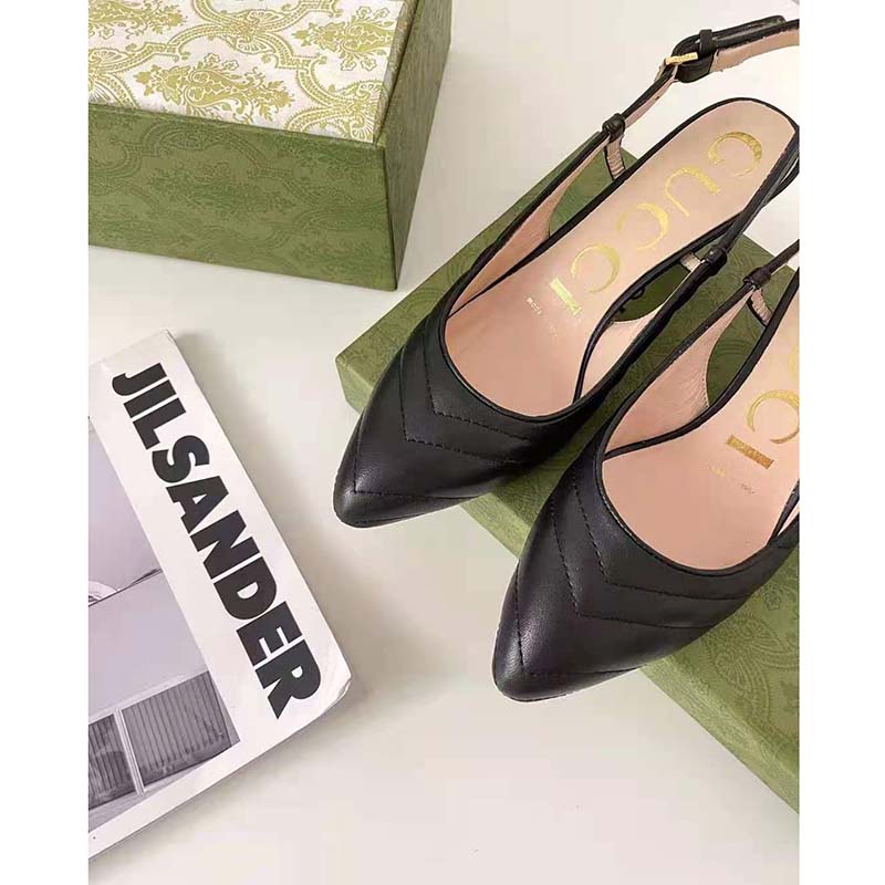 G*u*i gg women matelassé sling back black matelassé chevron leather 7 cm heel