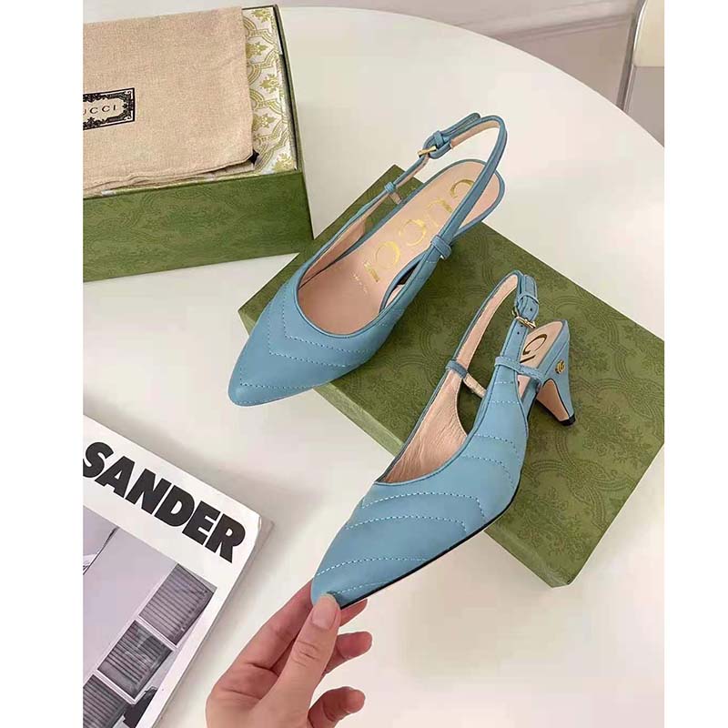 G*u*i gg women matelassé sling back pastel blue matelassé chevron leather 7 cm heel