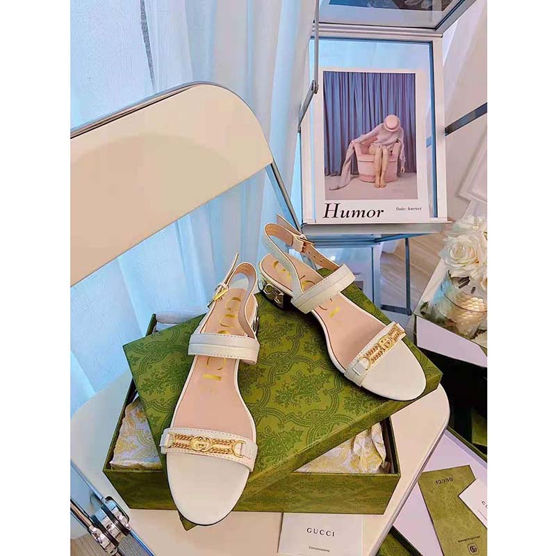 G*u*i gg women sandal with chain-shaped heel butter colored leather with off-white