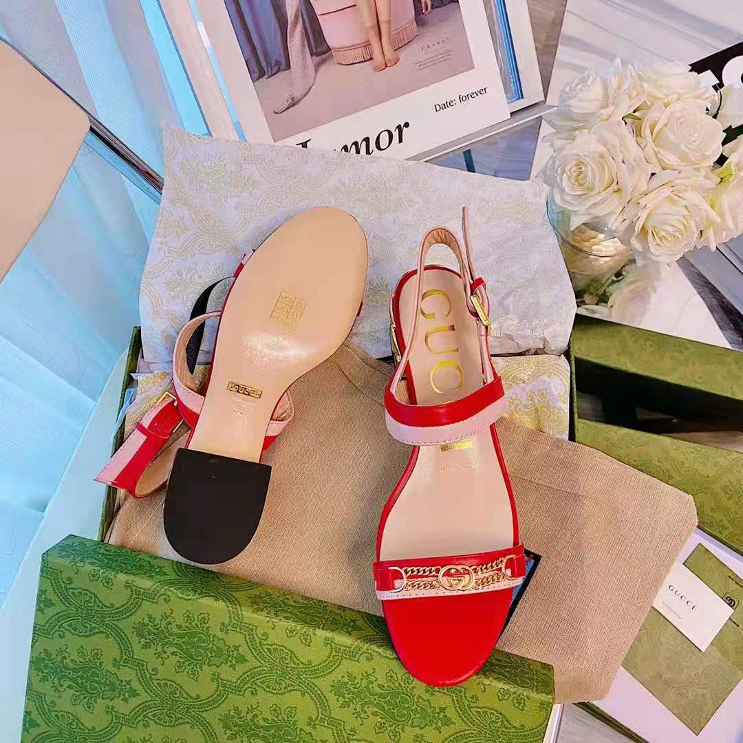 G*u*i gg women sandal with chain-shaped heel hibscus red leather with pastel pink