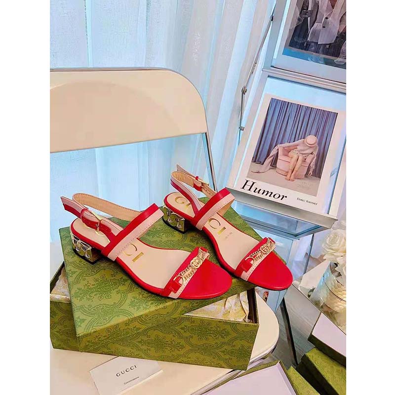 G*u*i gg women sandal with chain-shaped heel hibscus red leather with pastel pink