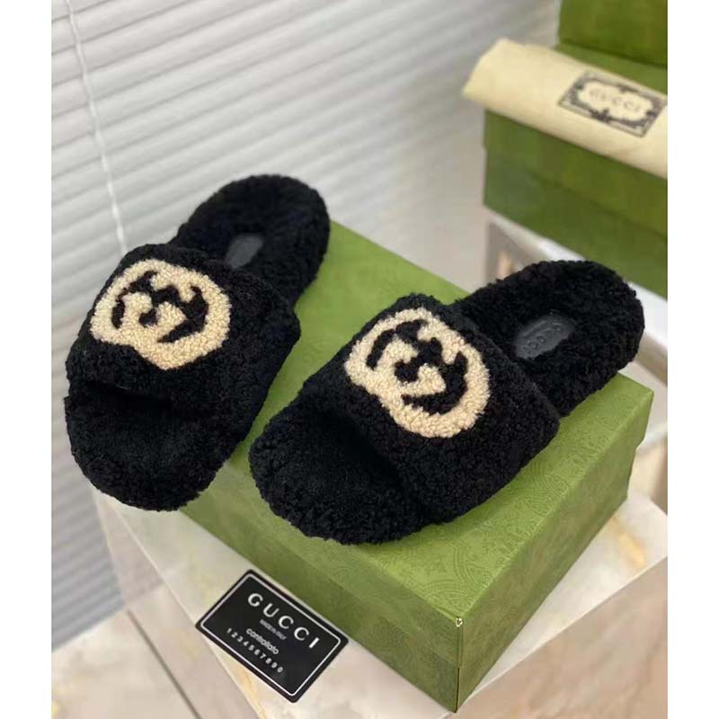 G*u*i gg women slide sandal with interlocking g black interlocking g merino wool