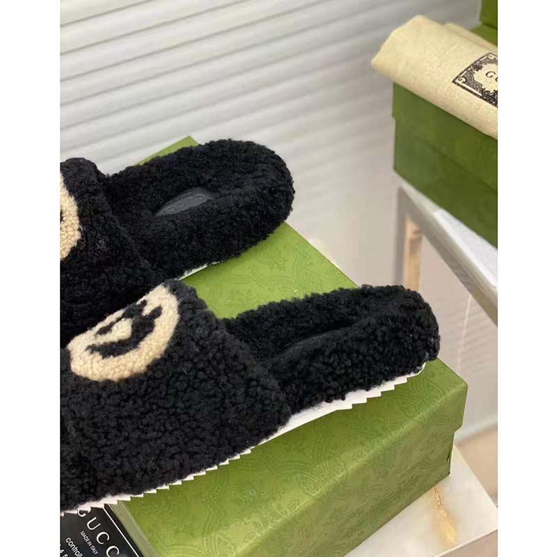 G*u*i gg women slide sandal with interlocking g black interlocking g merino wool