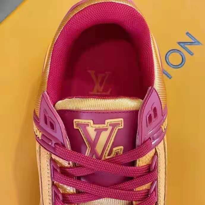 Louis Vuitton LV Unisex LV Trainer Sneaker Bordeaux Red Monogram Embossed Grained Calf Leather