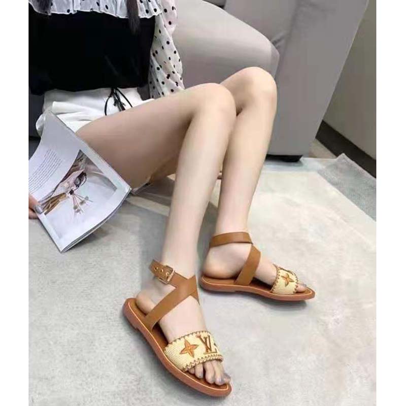 Louis Vuitton LV Women Sienna Flat Sandal Cognac Brown Raffia Leather Outsole