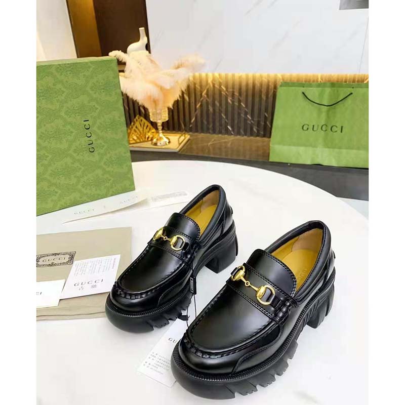 G*u*i women loafer with horsebit black leather rubber lug sole 4 cm heel