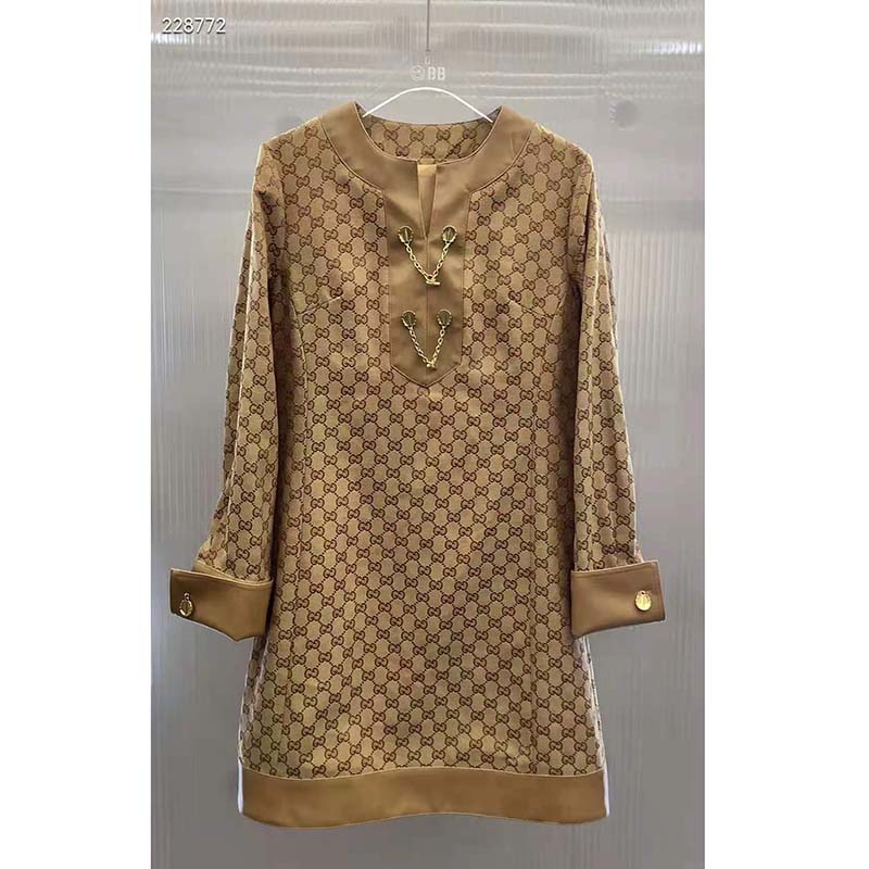 G*u*i women gg linen canvas kaftan beige ebony leather toggle chain