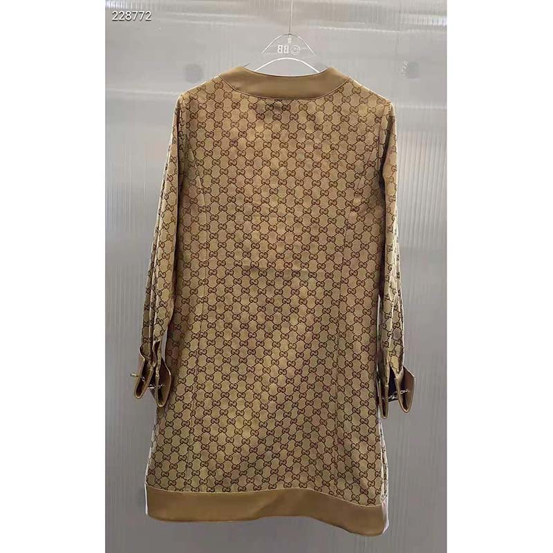 G*u*i women gg linen canvas kaftan beige ebony leather toggle chain