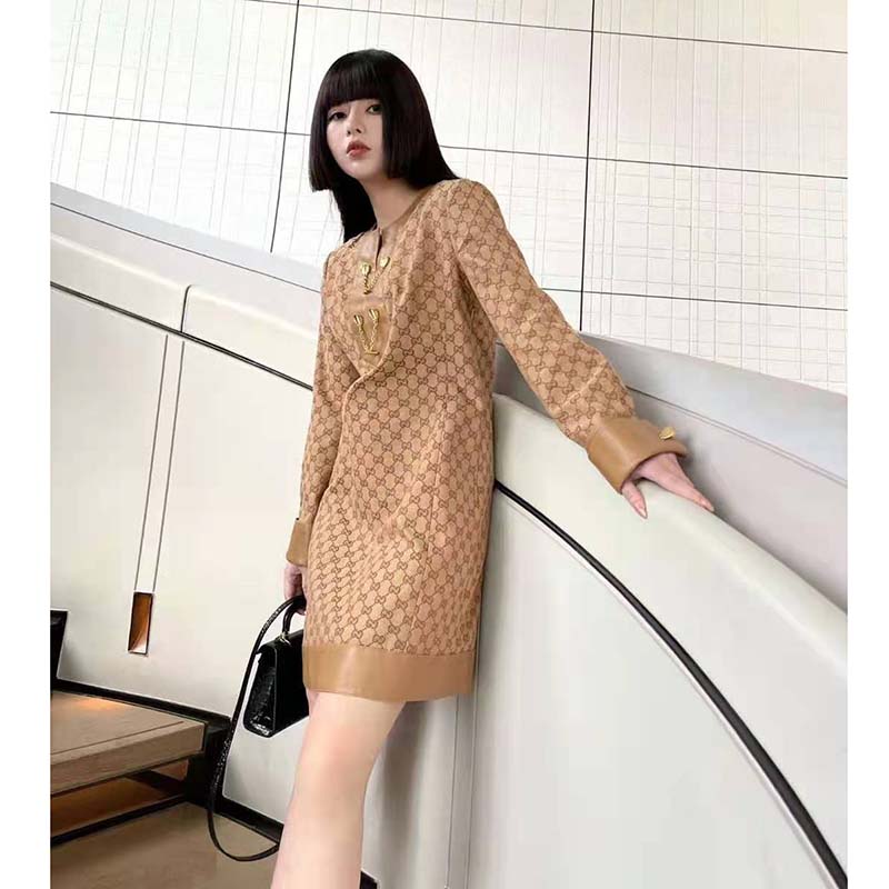 G*u*i women gg linen canvas kaftan beige ebony leather toggle chain