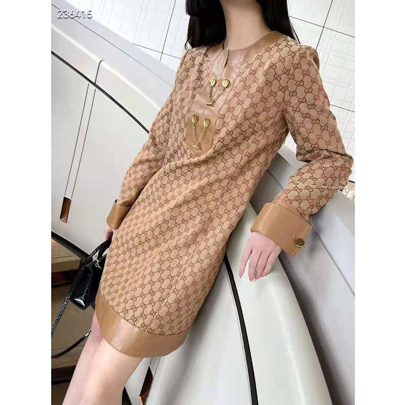 G*u*i women gg linen canvas kaftan beige ebony leather toggle chain