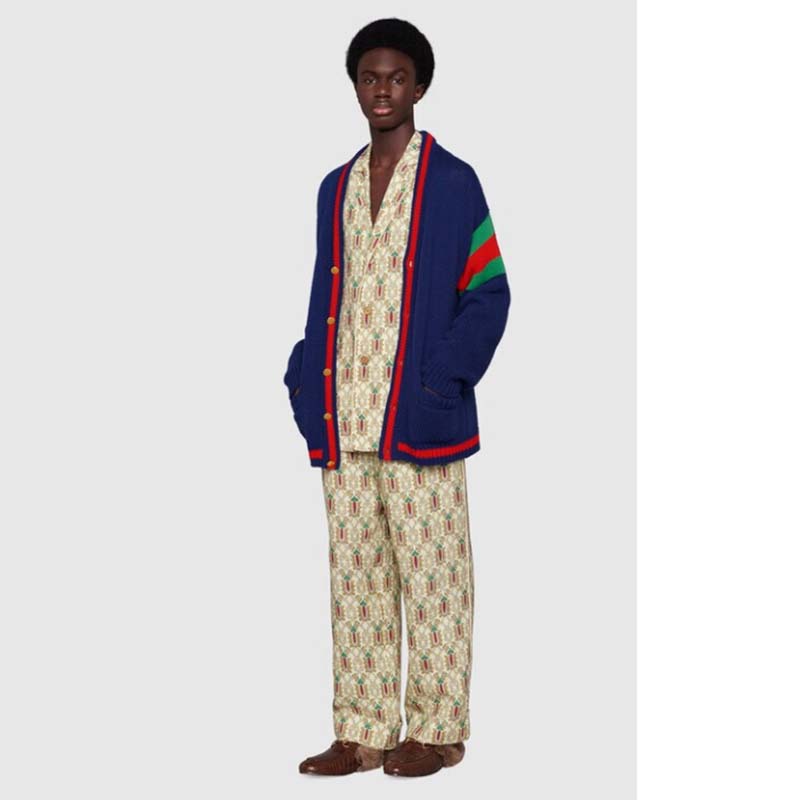 G*u*i gg men G*u*i 100 wool cardigan blue wool green red v-neck