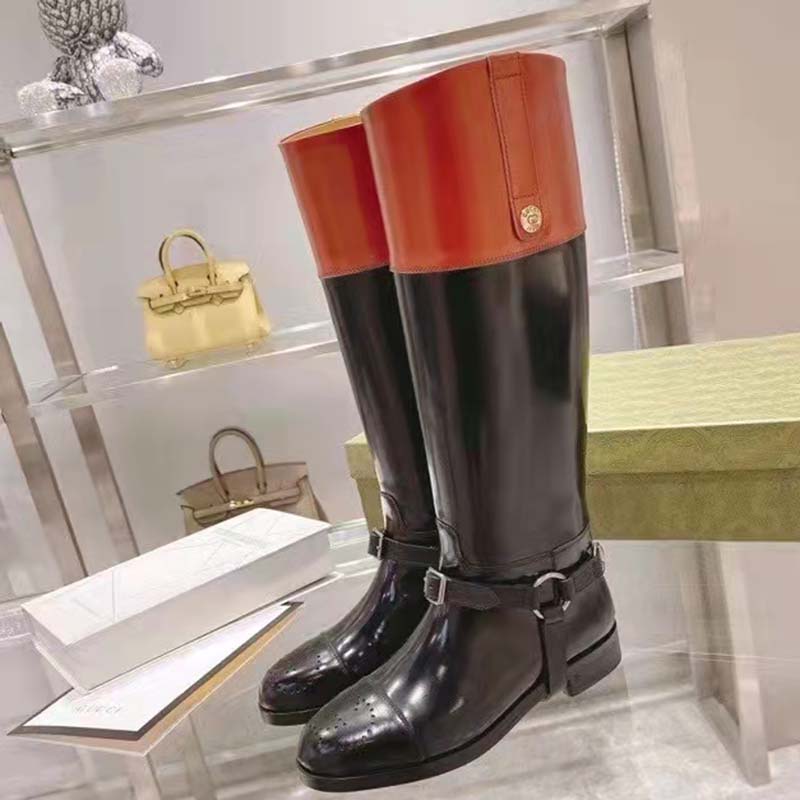 G*u*i gg women knee-high boot harness black brown leather interlocking g