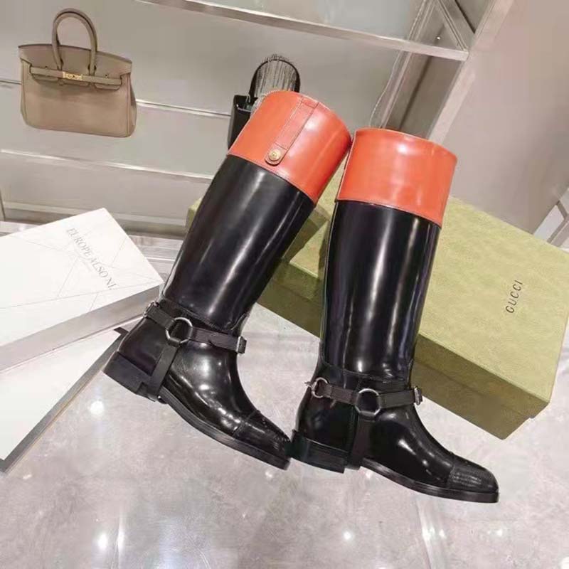 G*u*i gg women knee-high boot harness black brown leather interlocking g