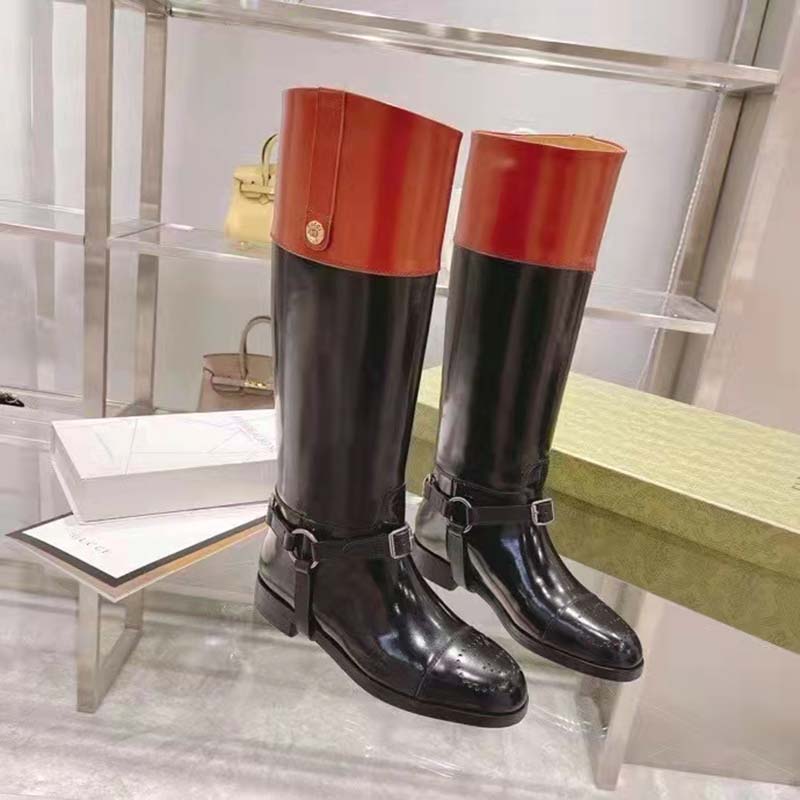 G*u*i gg women knee-high boot harness black brown leather interlocking g
