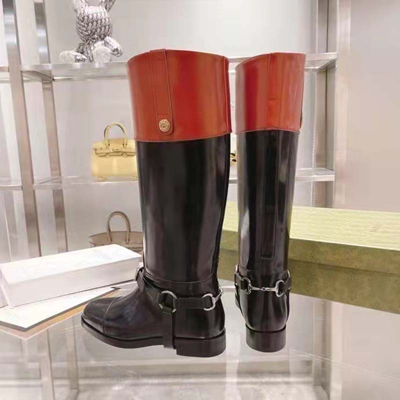G*u*i gg women knee-high boot harness black brown leather interlocking g