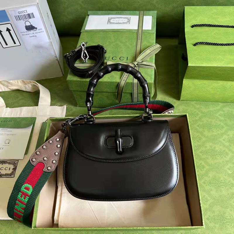 G*u*i gg women small top handle bag with bamboo black leather