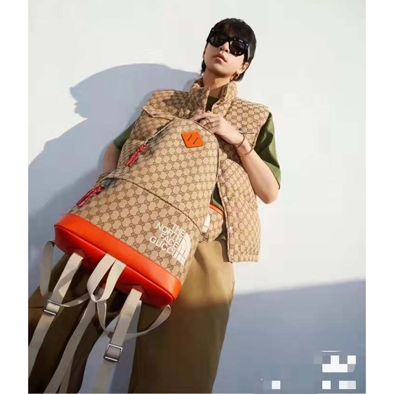 G*u*i unisex the north face x G*u*i backpack beige original gg canvas orange leather