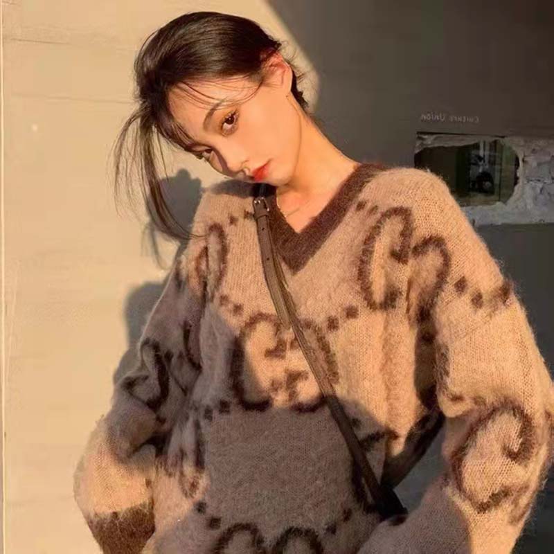 G*u*i women gg mohair wool v-neck sweater beige brown