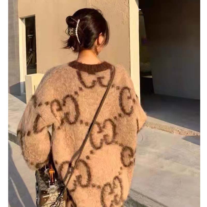 G*u*i women gg mohair wool v-neck sweater beige brown