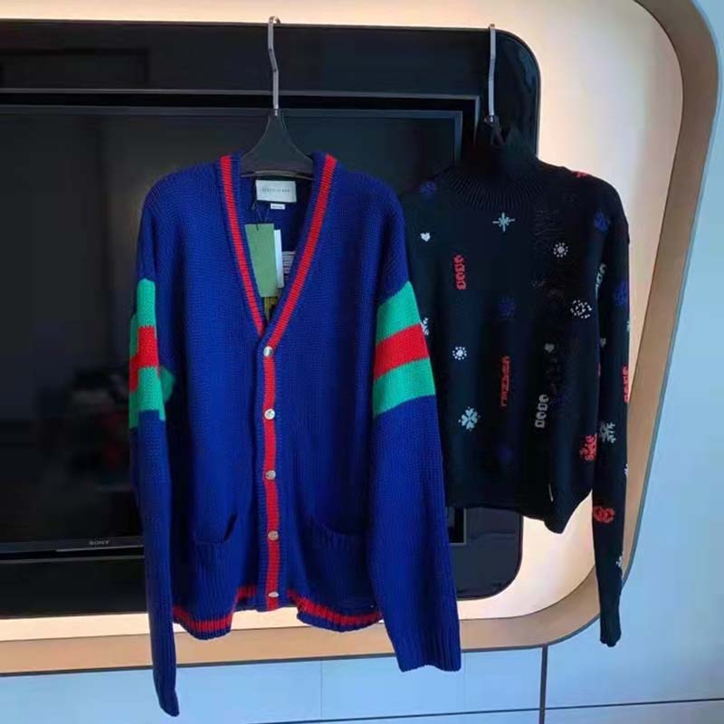 G*u*i women G*u*i 100 wool cardigan blue wool green red v-neck