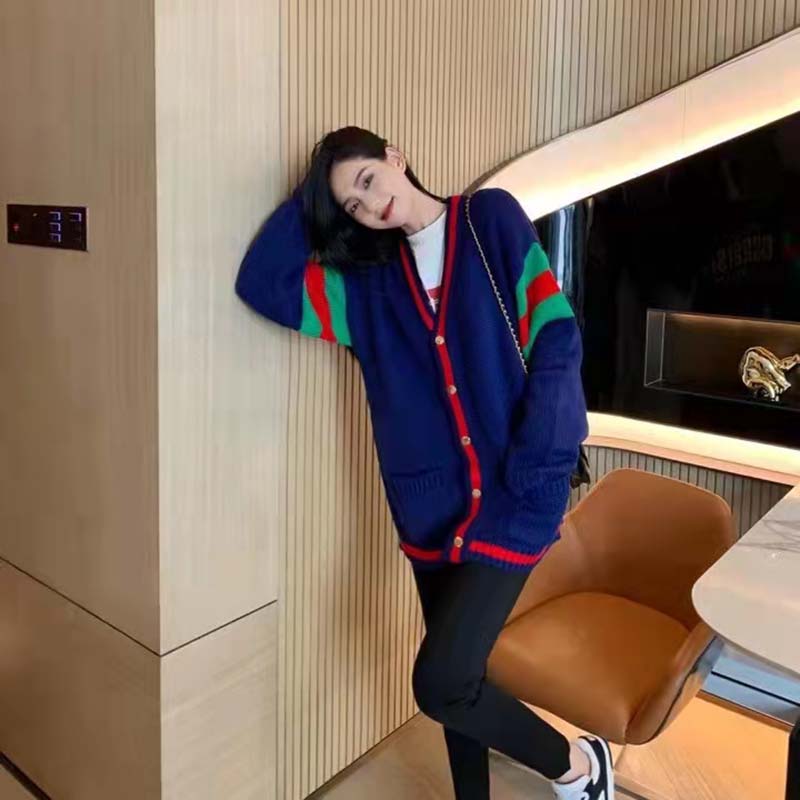 G*u*i women G*u*i 100 wool cardigan blue wool green red v-neck