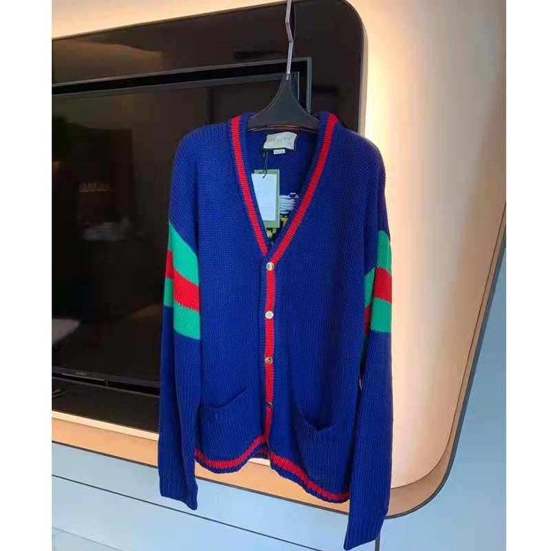 G*u*i women G*u*i 100 wool cardigan blue wool green red v-neck