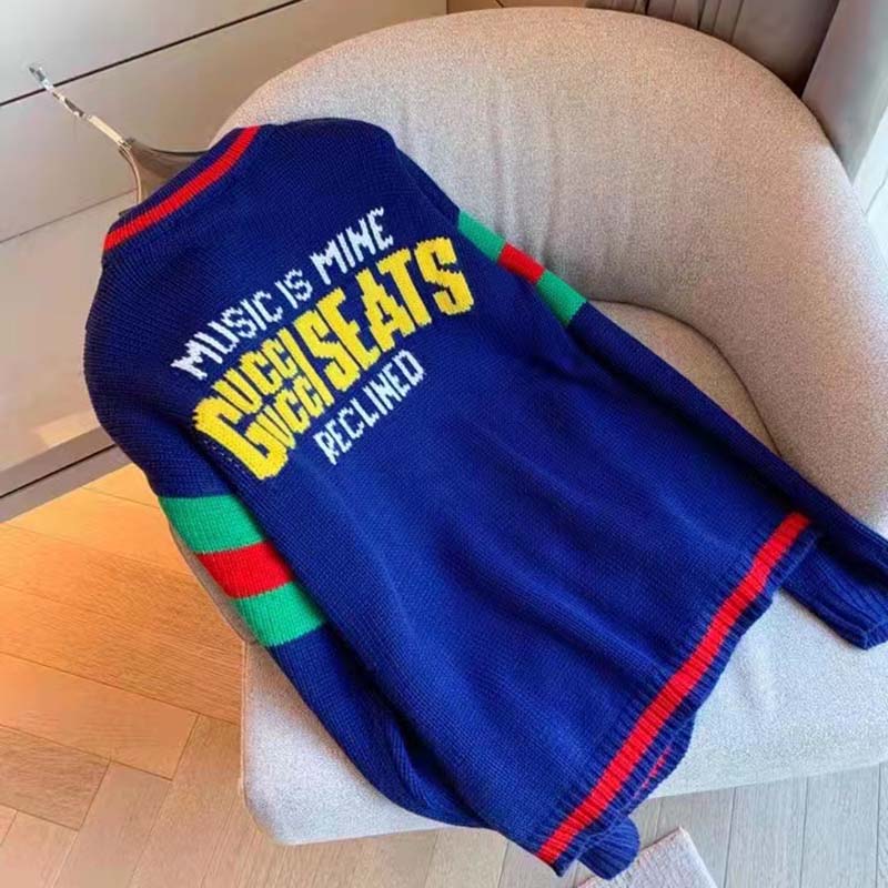 G*u*i gg men G*u*i 100 wool cardigan blue wool green red v-neck
