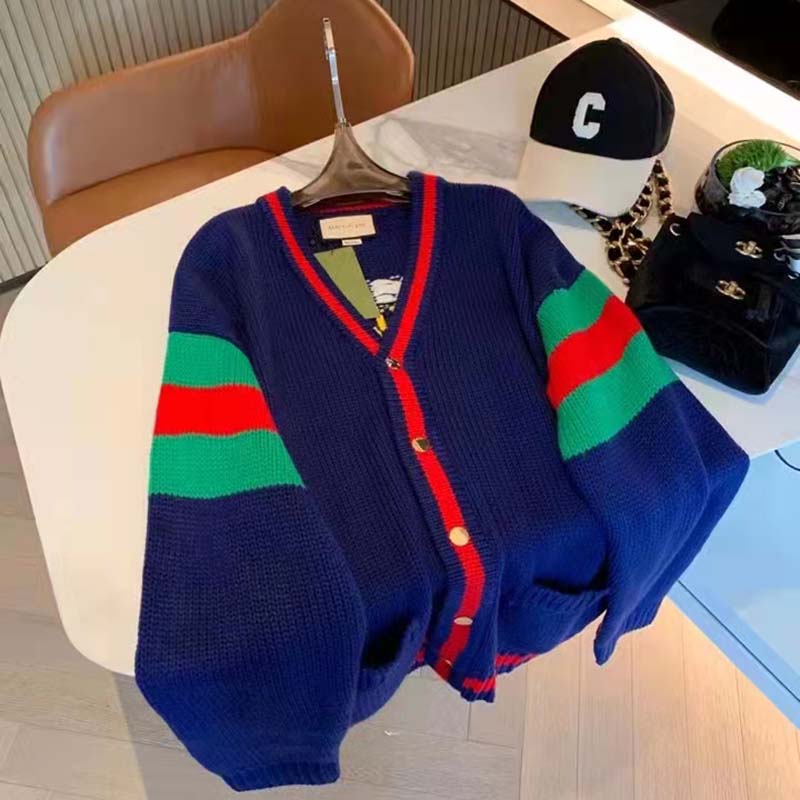 G*u*i women G*u*i 100 wool cardigan blue wool green red v-neck