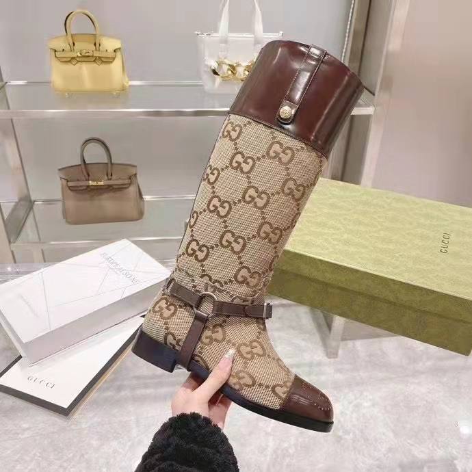 G*u*i women knee-high boot harness beige ebony maxi gg canvas interlocking g