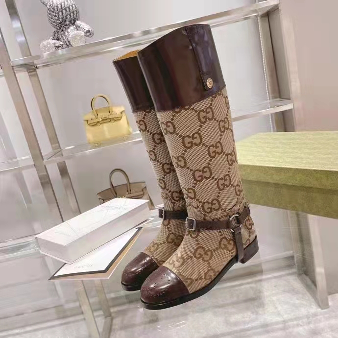 G*u*i women knee-high boot harness beige ebony maxi gg canvas interlocking g