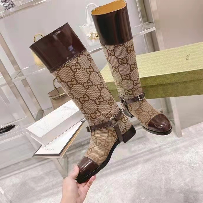 G*u*i women knee-high boot harness beige ebony maxi gg canvas interlocking g