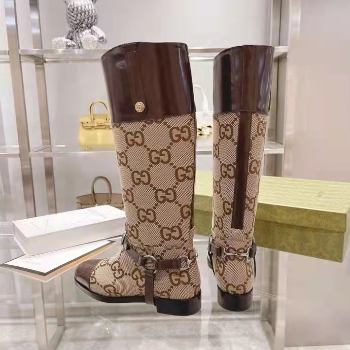 G*u*i women knee-high boot harness beige ebony maxi gg canvas interlocking g