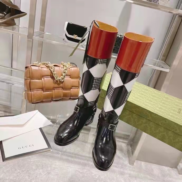 G*u*i women knee-high optical print boot black brown leather interlocking g