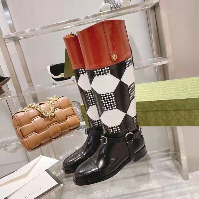 G*u*i women knee-high optical print boot black brown leather interlocking g