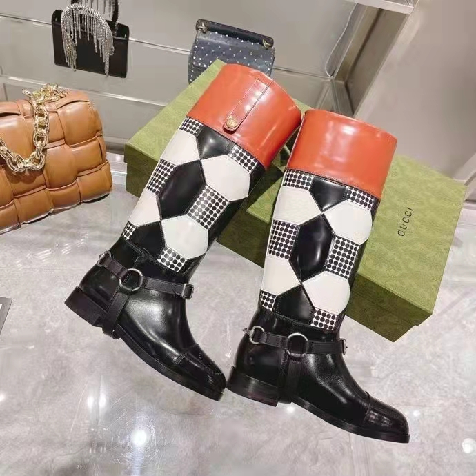 G*u*i women knee-high optical print boot black brown leather interlocking g