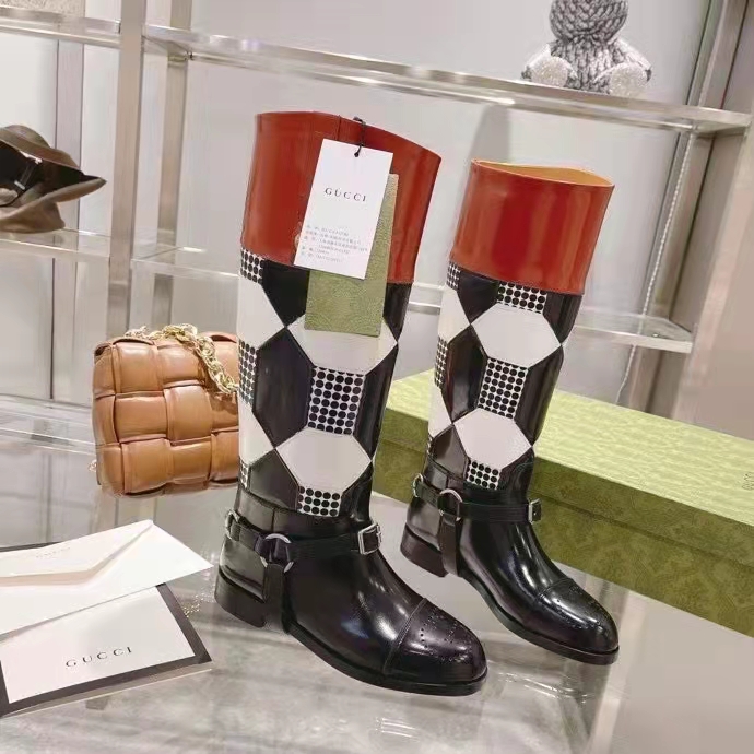 G*u*i women knee-high optical print boot black brown leather interlocking g