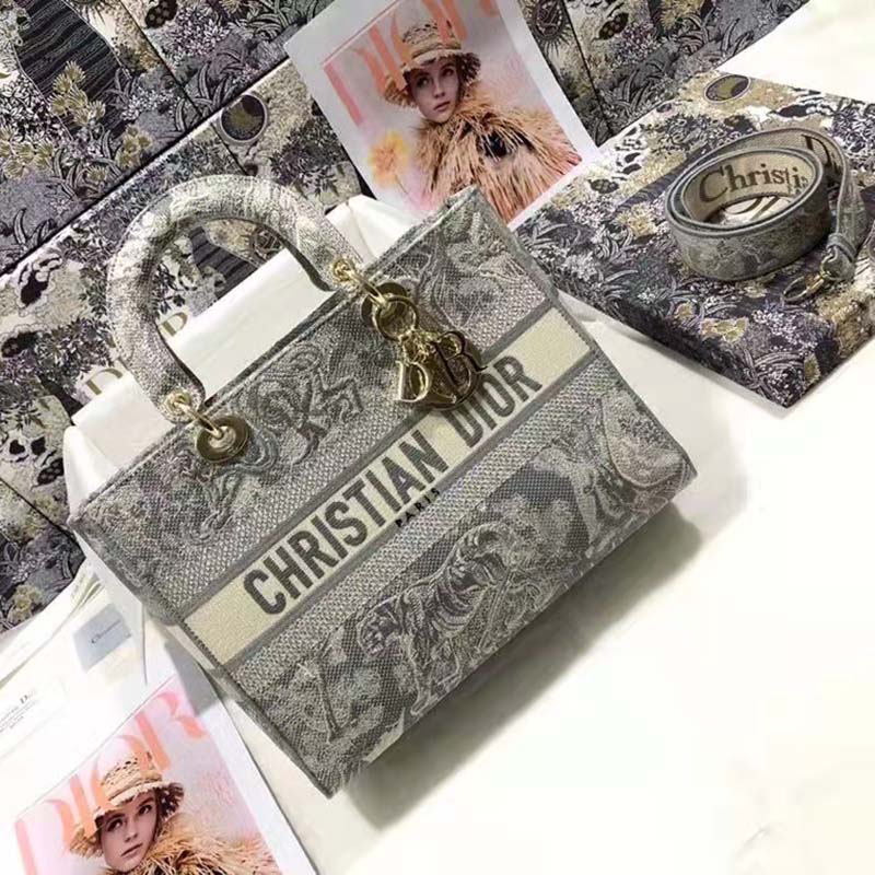 Dior Unisex Small Dior Book Tote Grey Toile De Jouy Embroidery