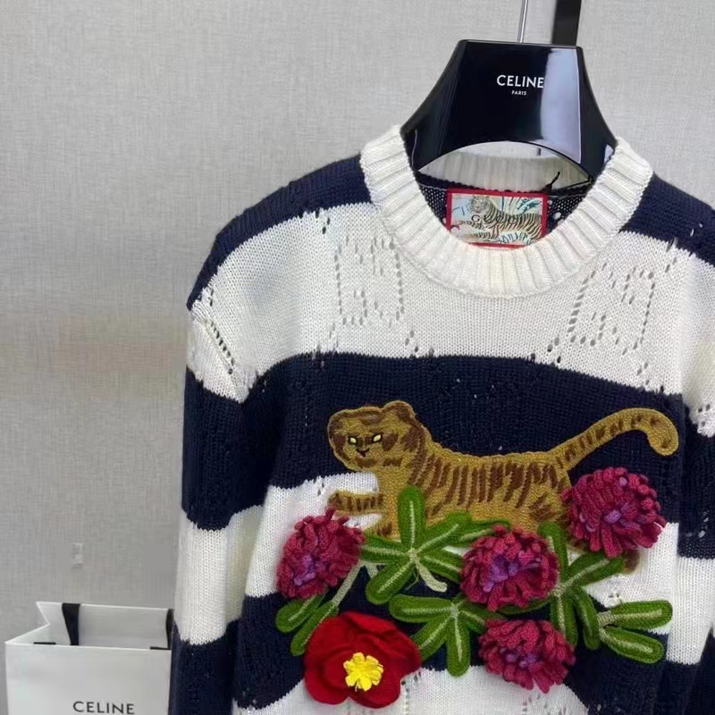 G*u*i gg men G*u*i tiger wool sweater embroidery tiger flower crewneck