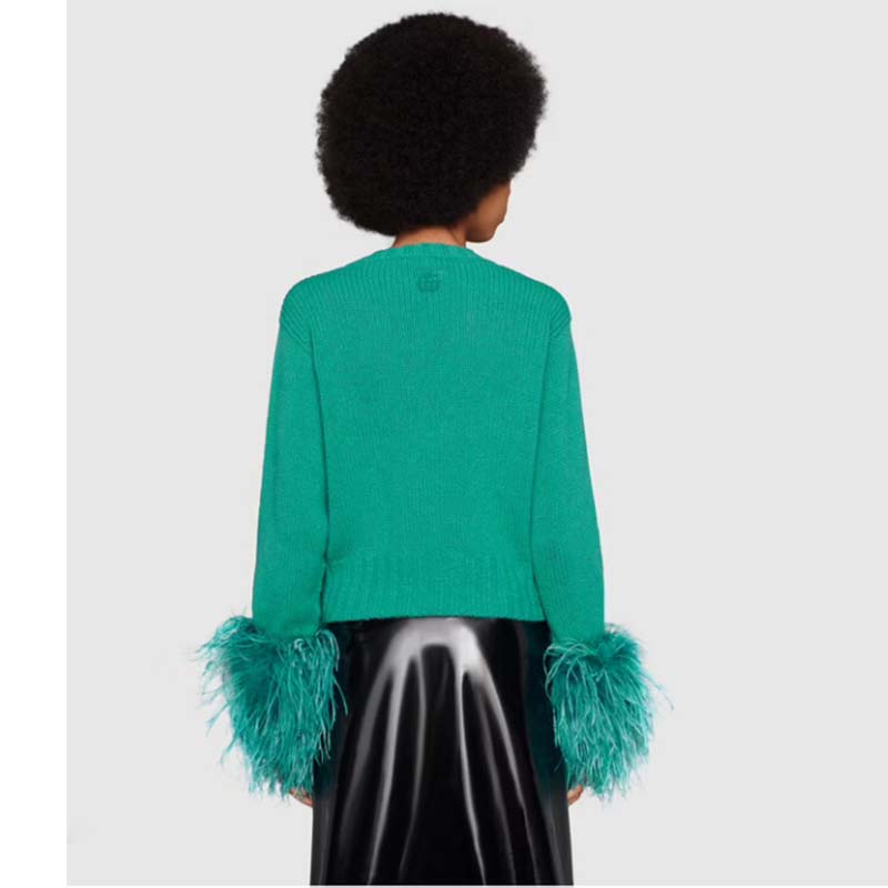 G*u*i gg women detachable feathers wool sweater double g embroidery crewneck