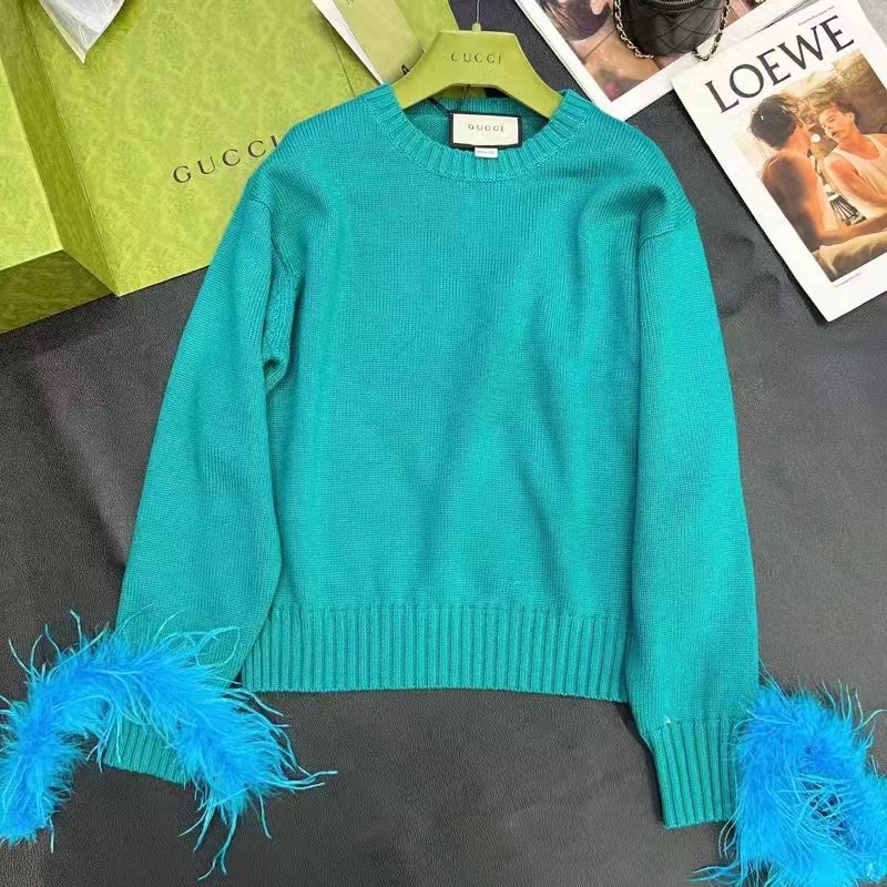 G*u*i gg women detachable feathers wool sweater double g embroidery crewneck