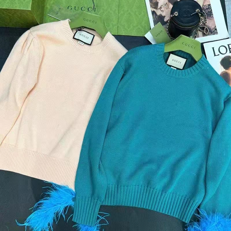 G*u*i gg women detachable feathers wool sweater double g embroidery crewneck