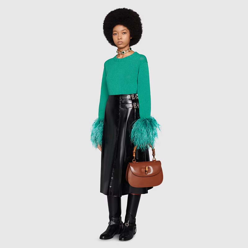 G*u*i gg women detachable feathers wool sweater double g embroidery crewneck