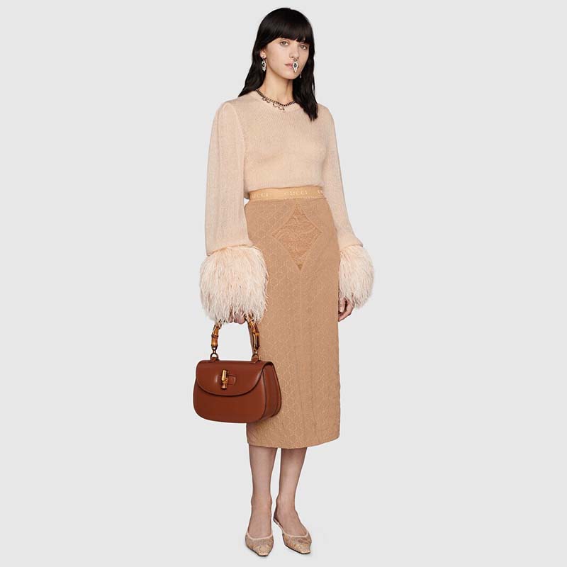 G*u*i gg women silk mohair sweater feathers beige double g embroidery crewneck