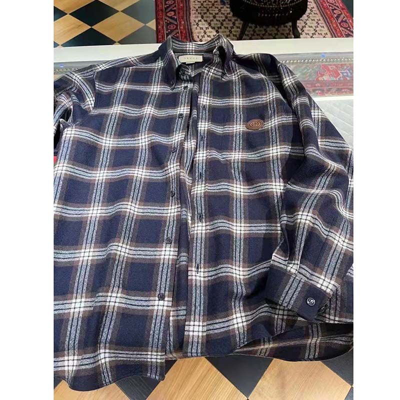 G*u*i women check wool shirt blue yellow check leather interlocking g tag