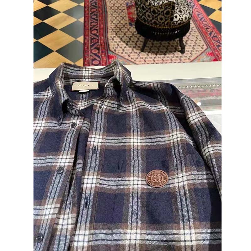 G*u*i women check wool shirt blue yellow check leather interlocking g tag