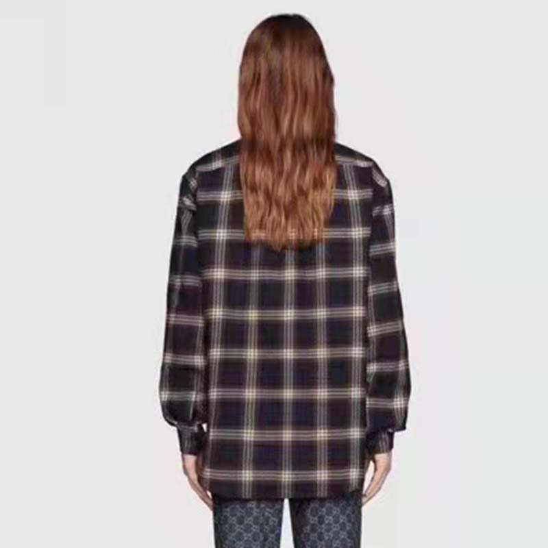 G*u*i women check wool shirt blue yellow check leather interlocking g tag