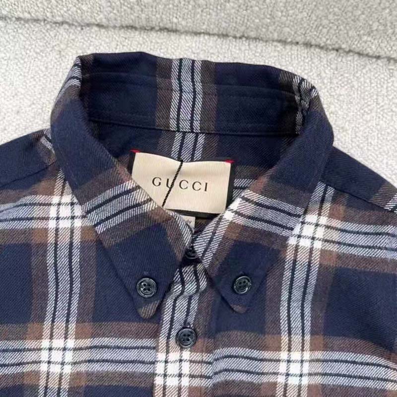 G*u*i women check wool shirt blue yellow check leather interlocking g tag