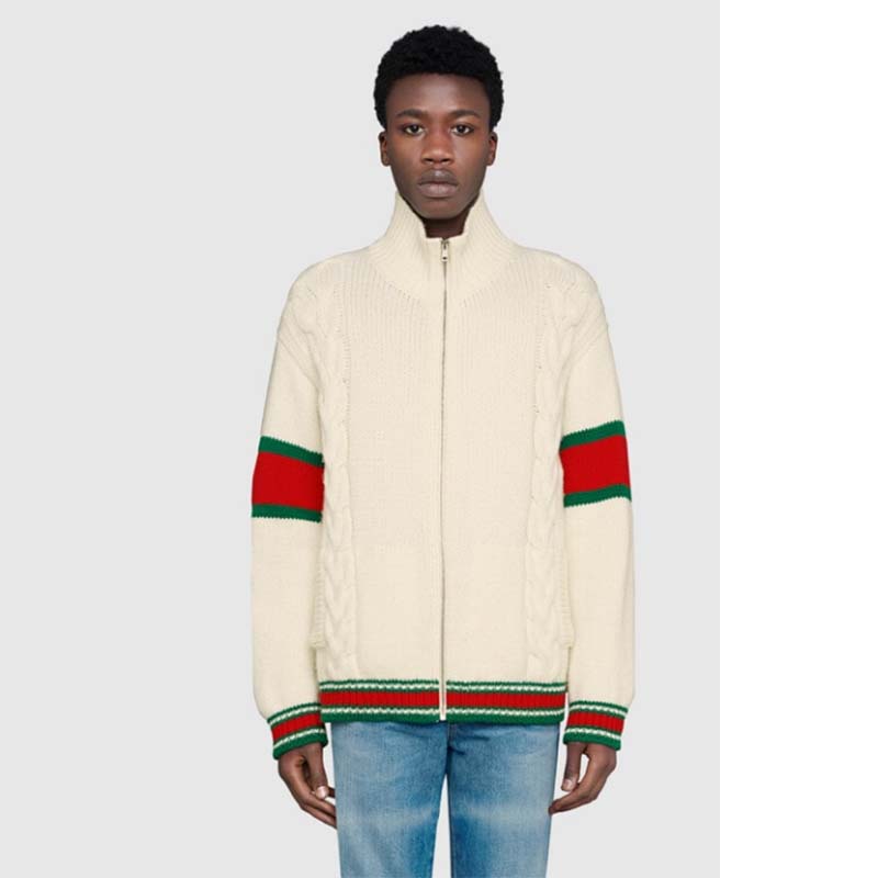 G*u*i men gg cable knit bomber jacket off-white cable knit wool