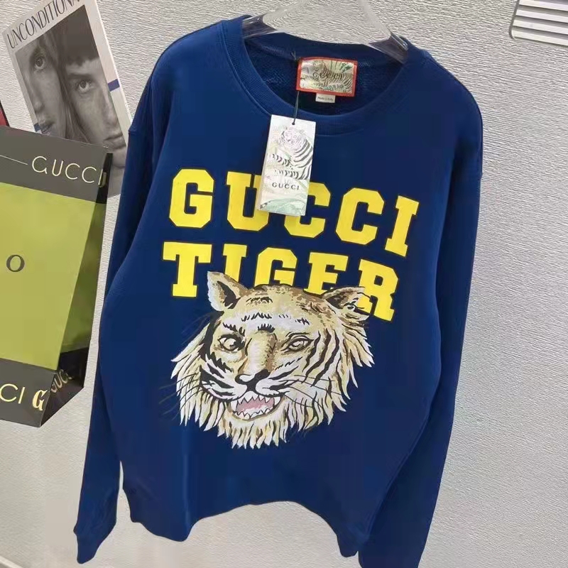 G*u*i men gg tiger cotton sweatshirt blue felted jersey crewneck