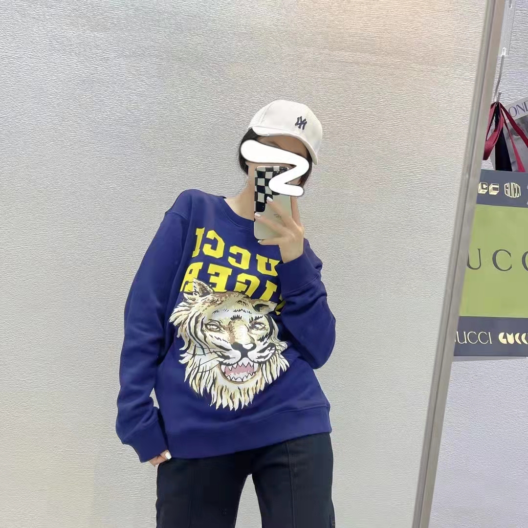 G*u*i women gg tiger cotton sweatshirt blue felted jersey crewneck